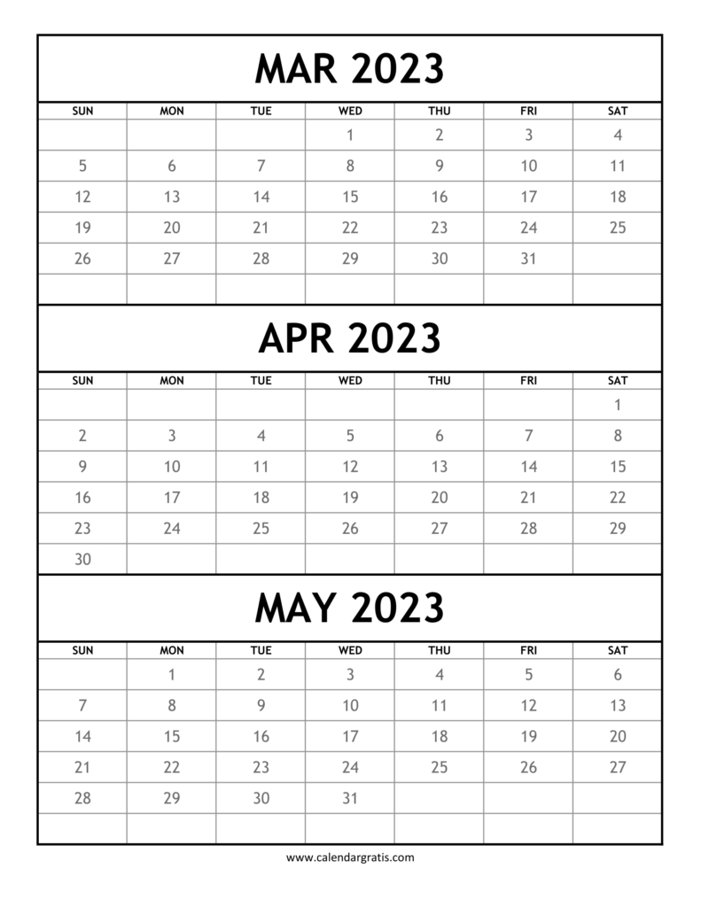 March April May 2023 Calendar Printable Template | Three Month Calendar