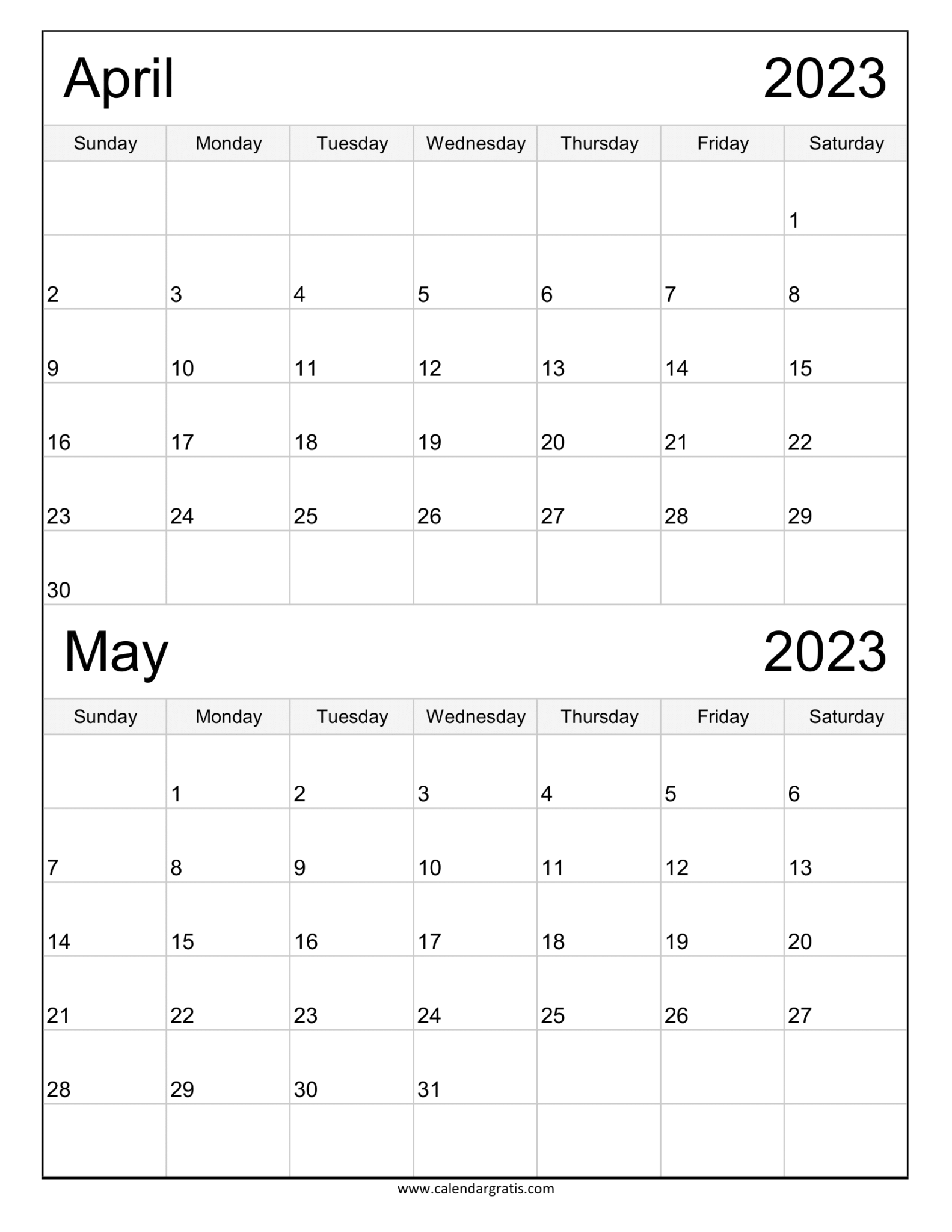 April May 2023 Calendar Printable Template | Two-month Planner to Print