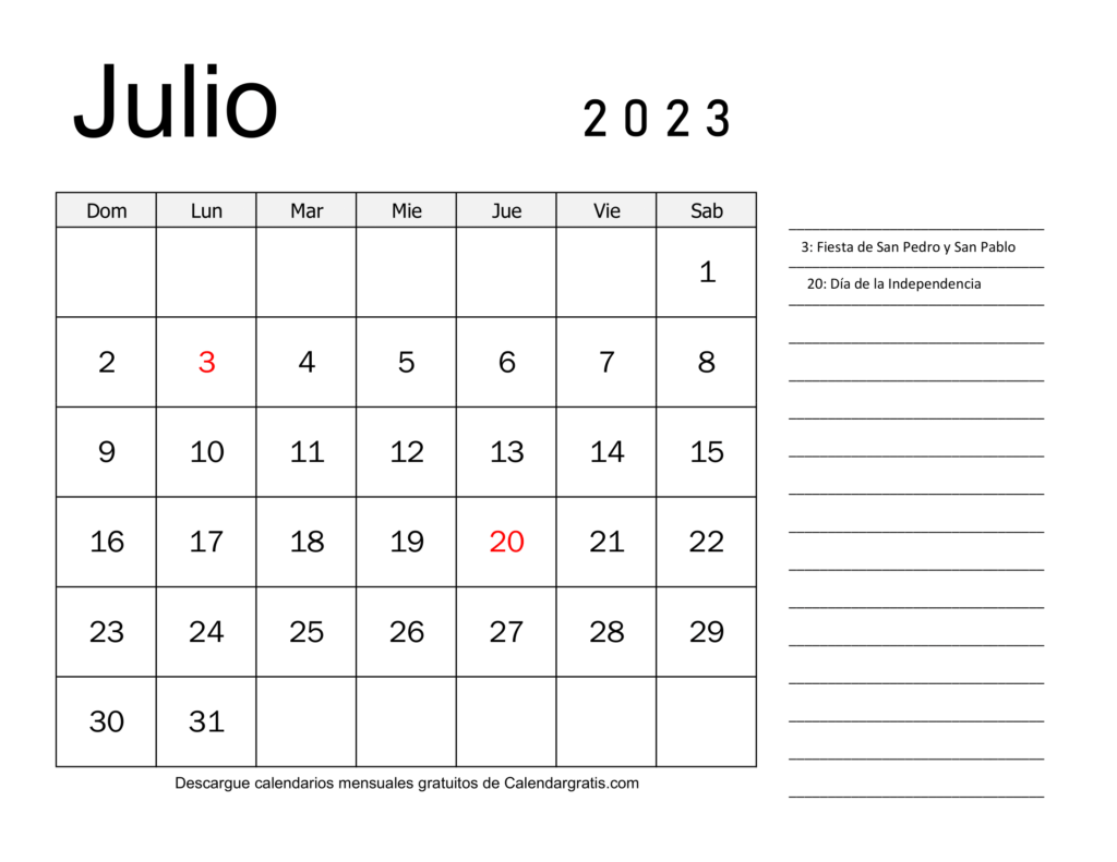 Calendario Julio 2023 Con Festivos Para Imprimircolombia