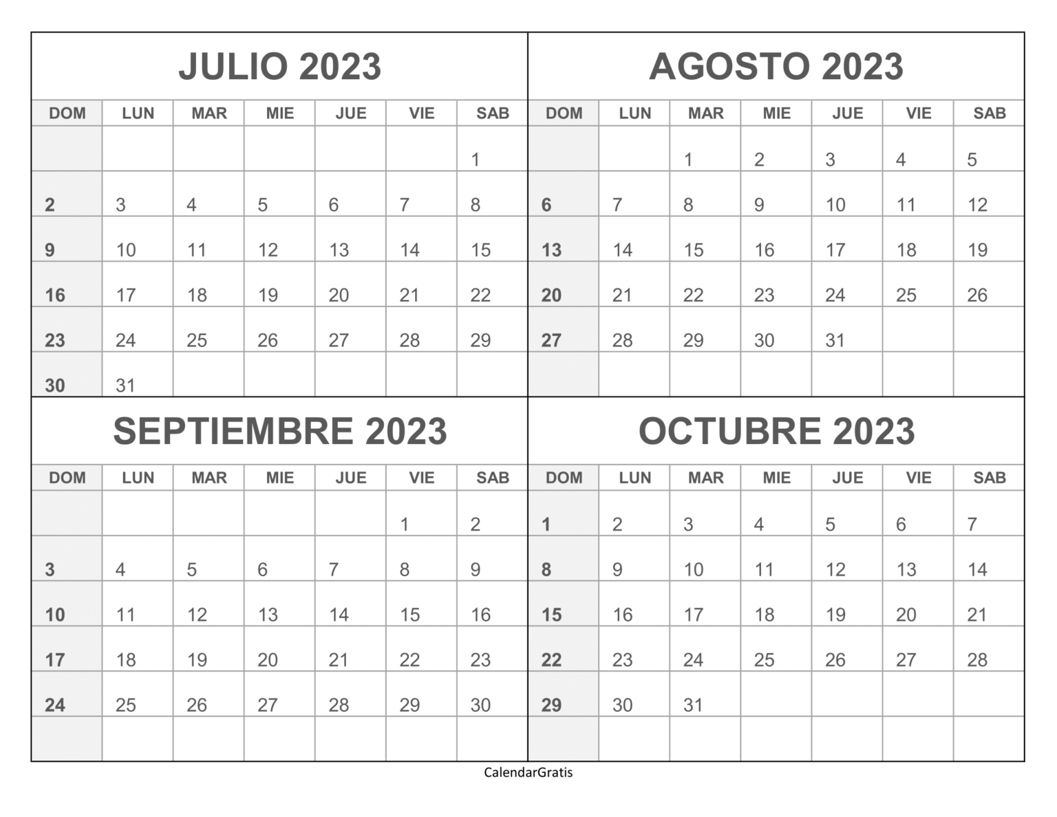 Calendario Julio Agosto Septiembre Octubre 2023