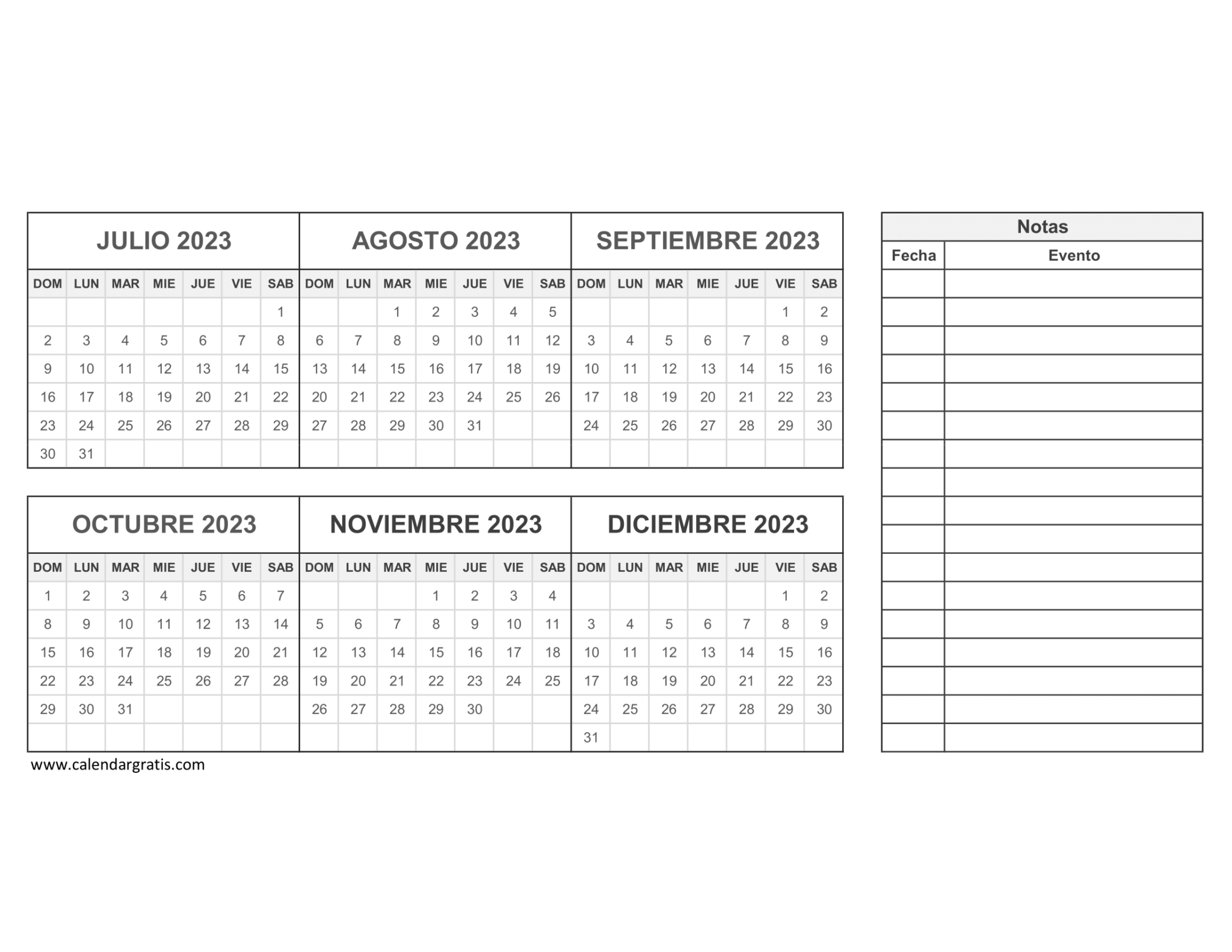 Calendario Julio Agosto Septiembre Octubre Noviembre Diciembre 2023