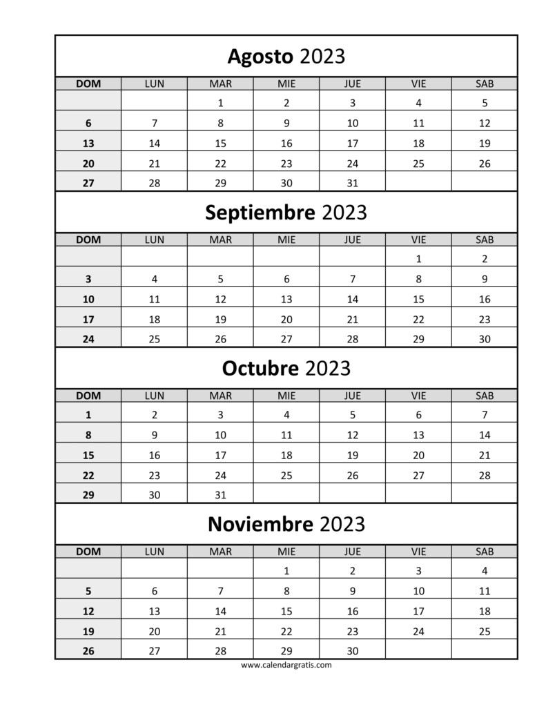 Calendario Agosto Septiembre Octubre Noviembre 2023