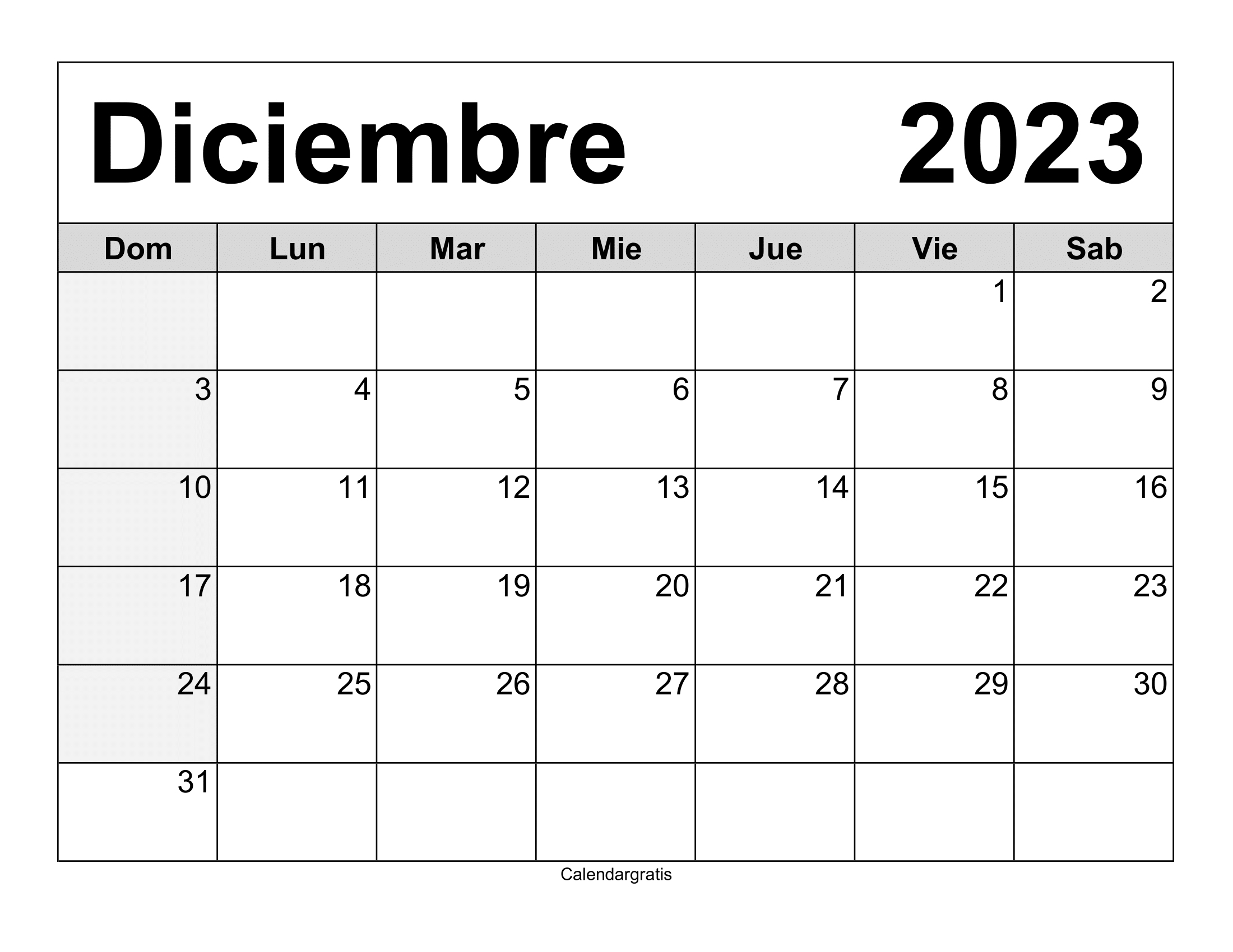 Calendario diciembre 2023 para imprimir