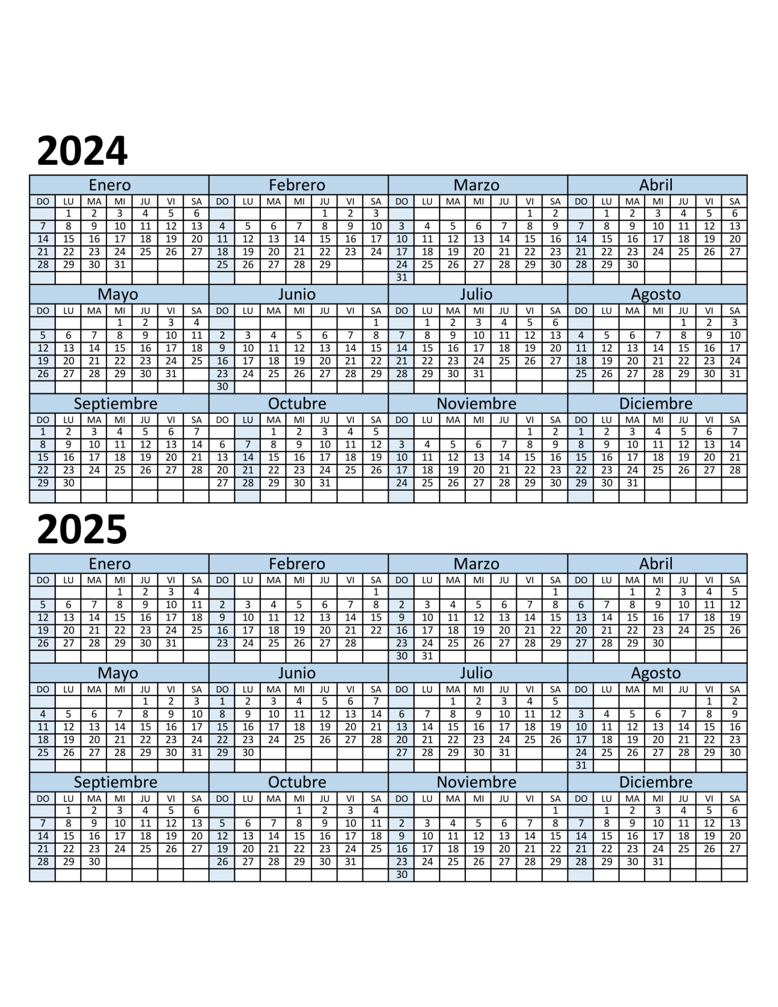 Calendario 2024 y 2025