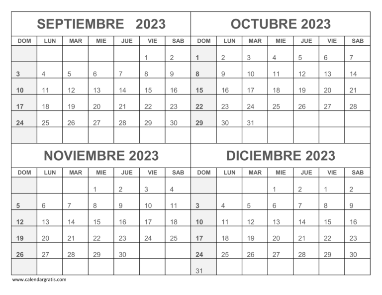 Calendario Septiembre Octubre Noviembre Diciembre 2023