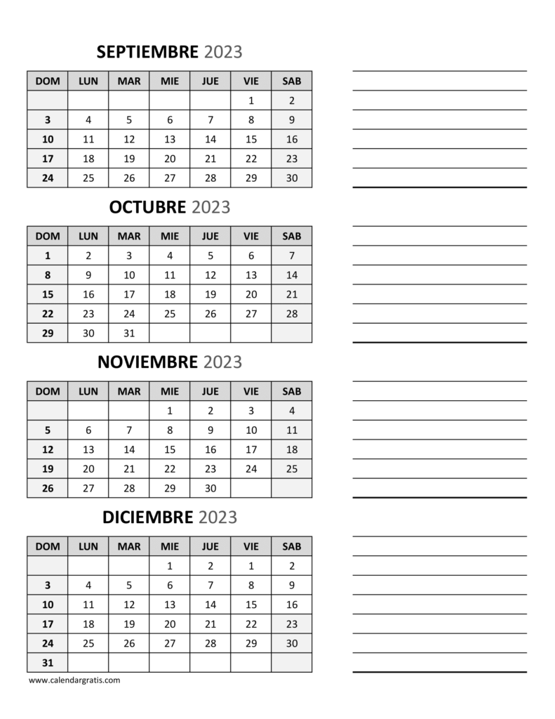 Calendario Septiembre Octubre Noviembre Diciembre 2023