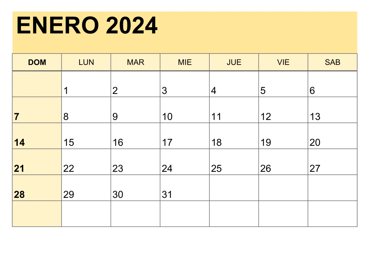 Calendario enero 2024