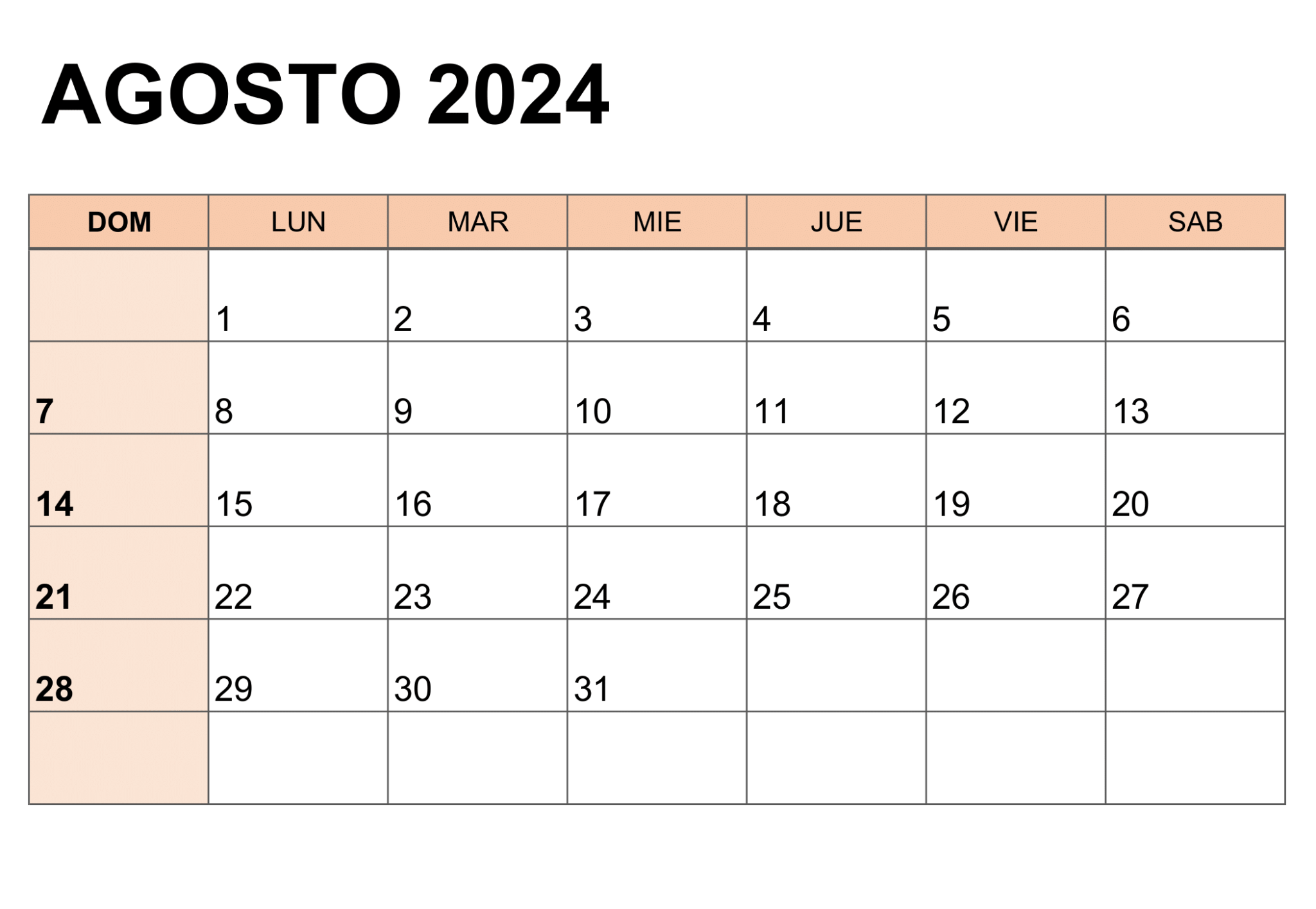 Calendario agosto 2025 para imprimir