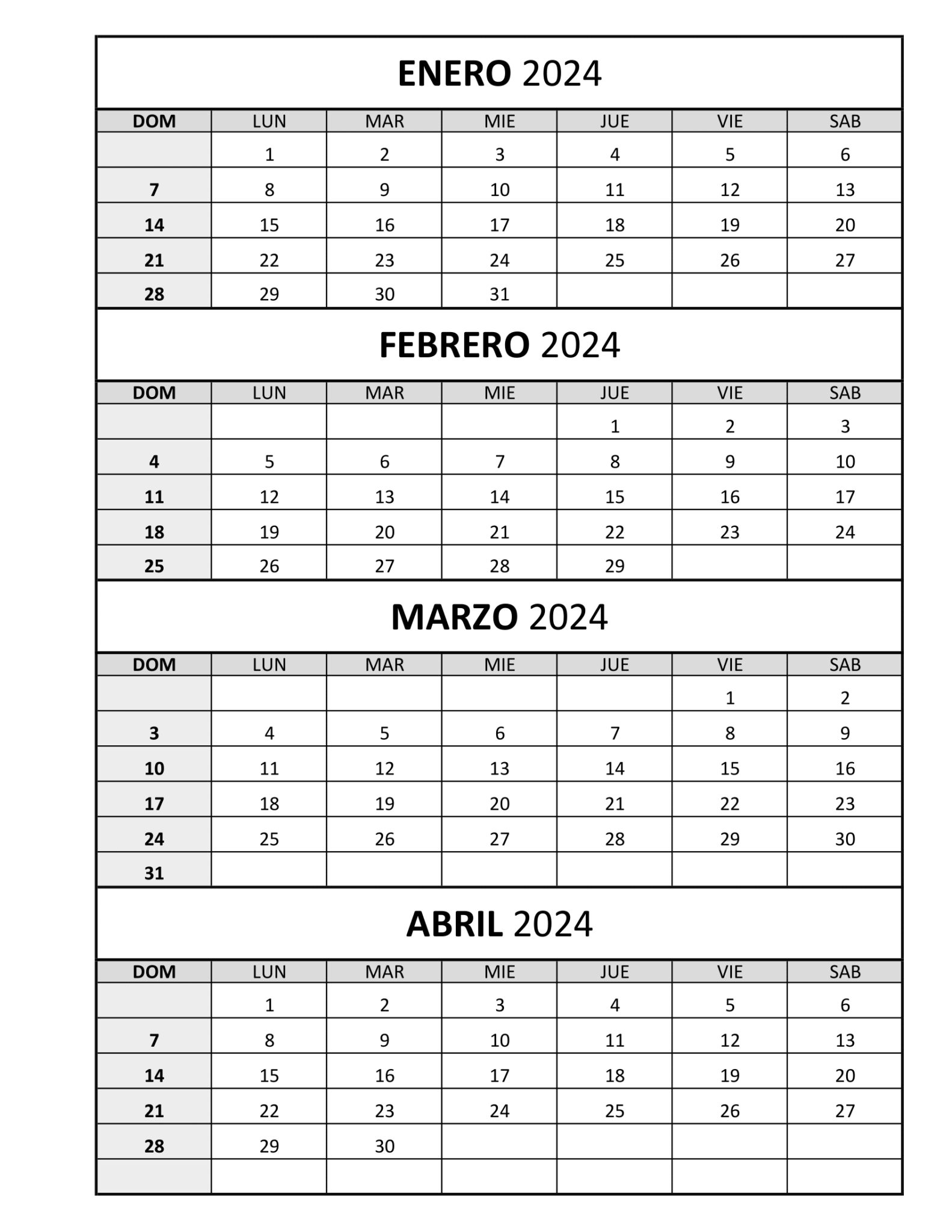 Calendario Anual 2024 Para Imprimir