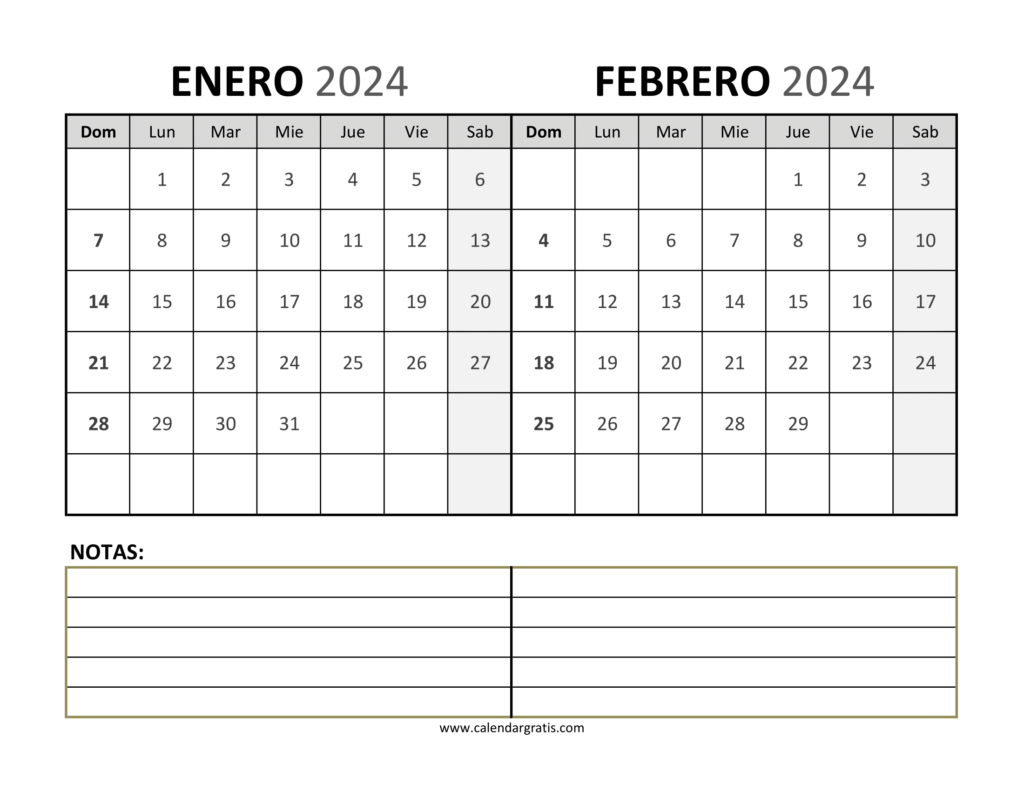 Calendario Enero y Febrero 2024