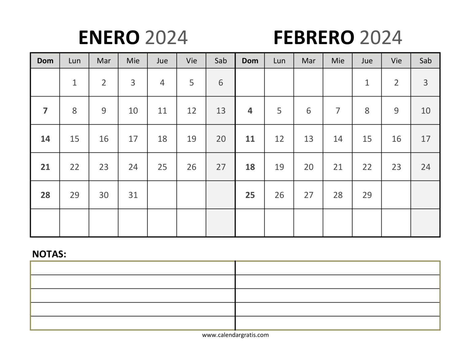 Calendario Enero y Febrero 2024