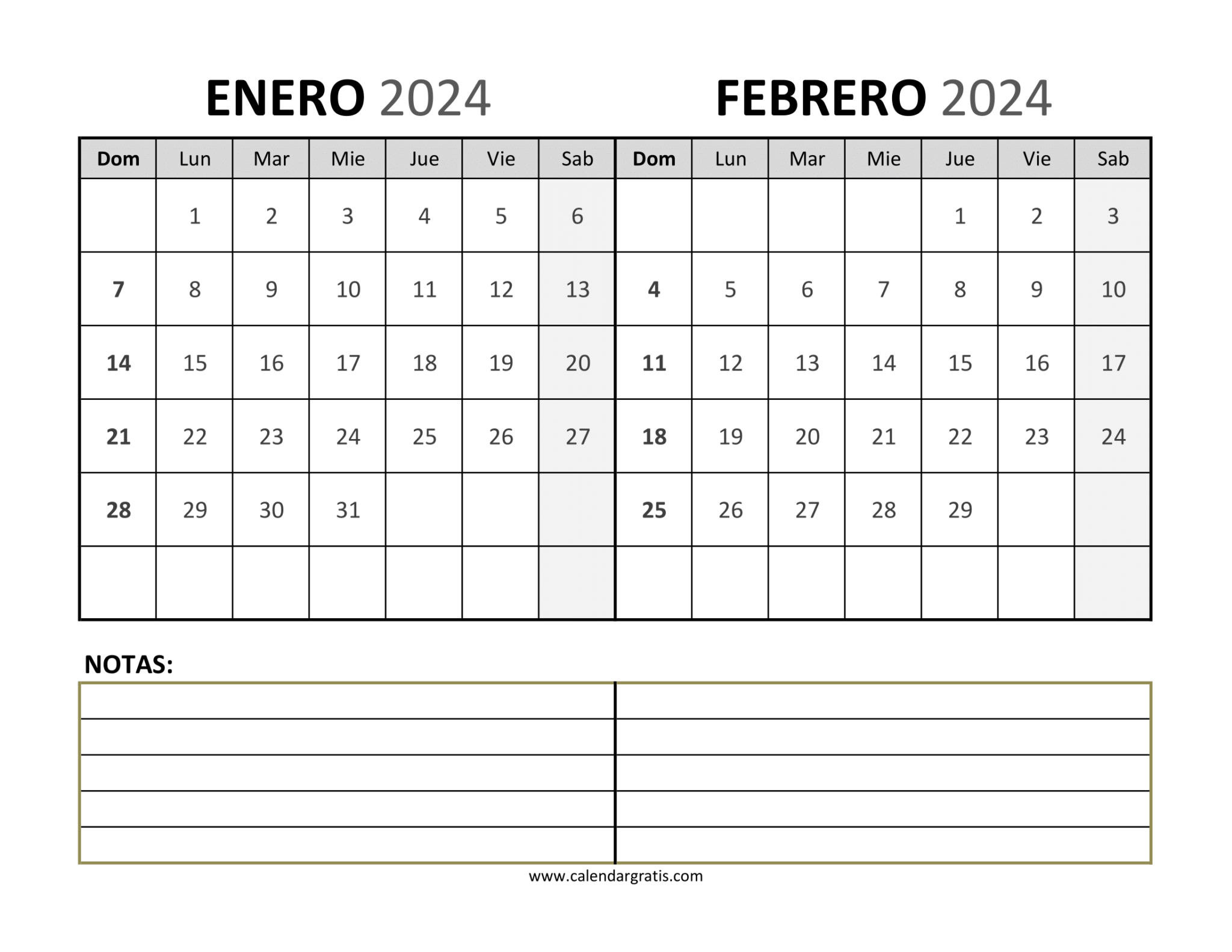 Calendario Enero y Febrero 2024