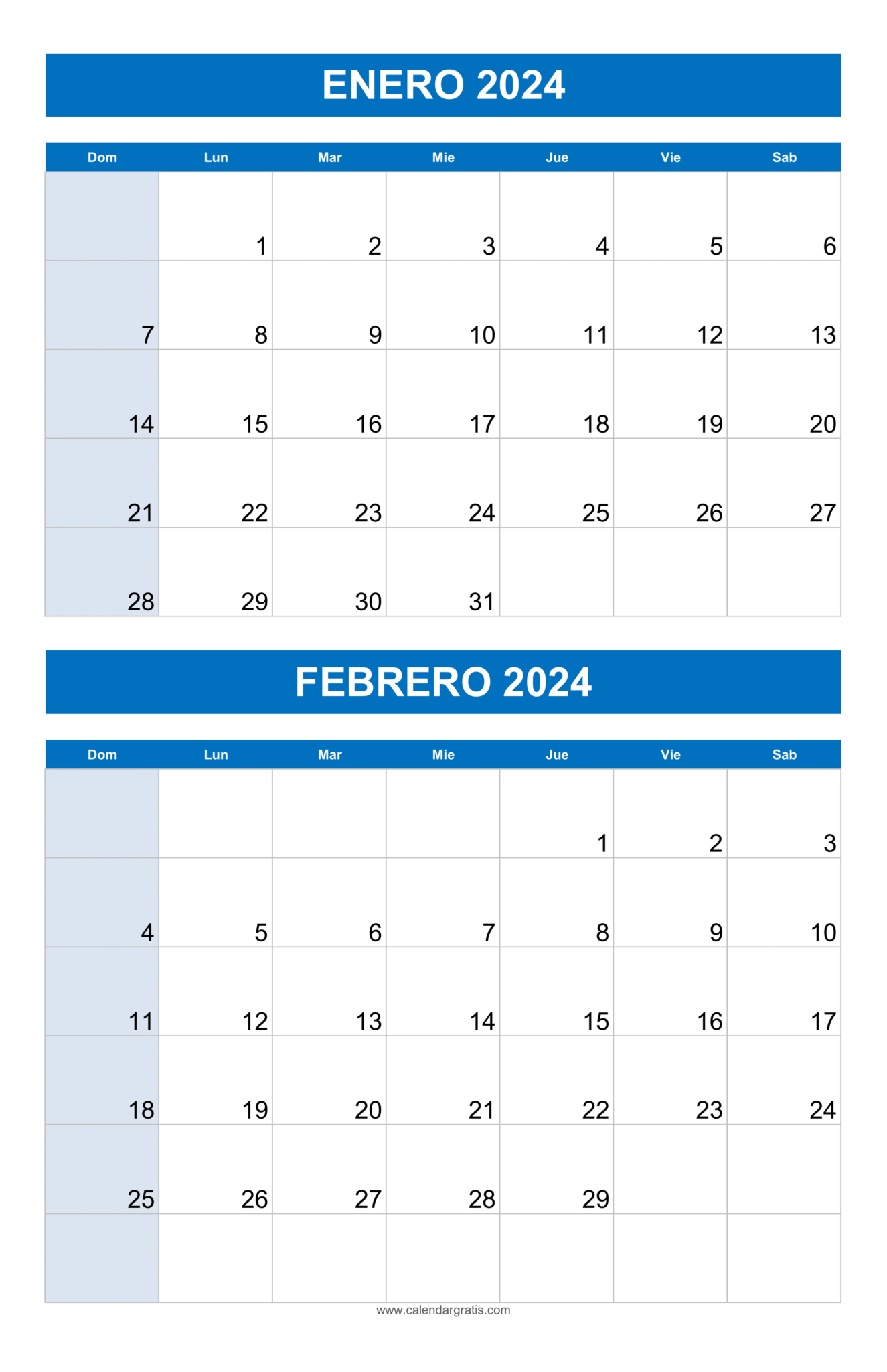 Calendario Enero y Febrero 2024