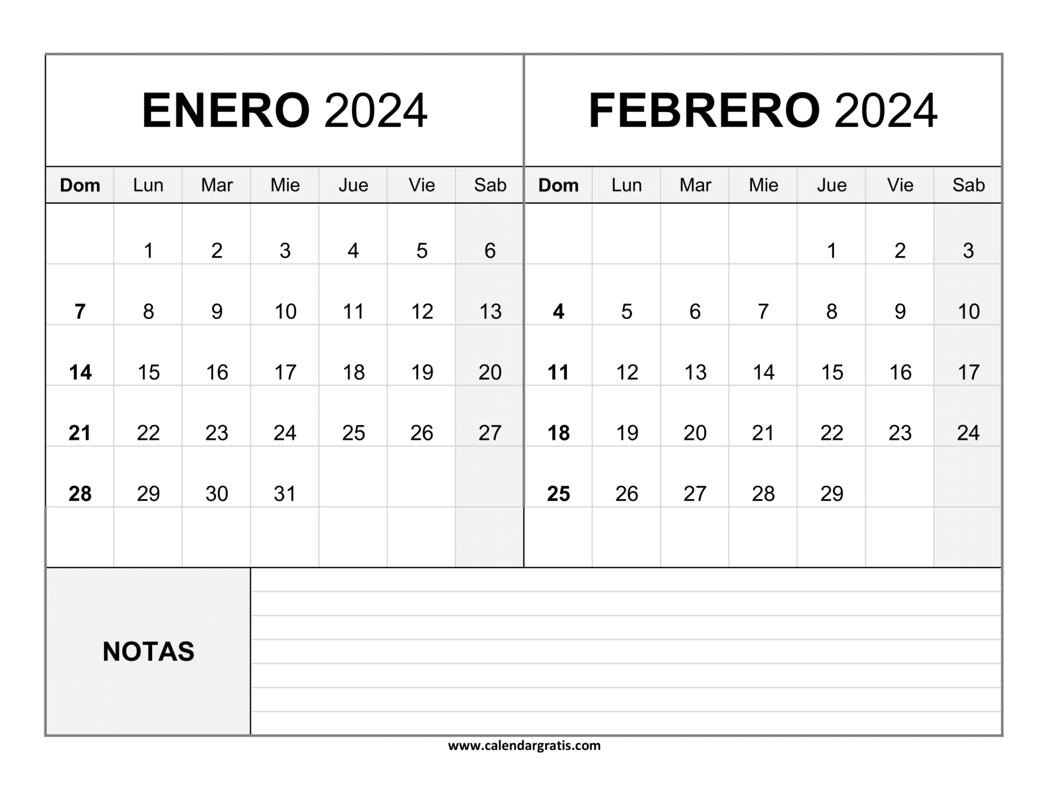 Calendario Enero y Febrero 2024