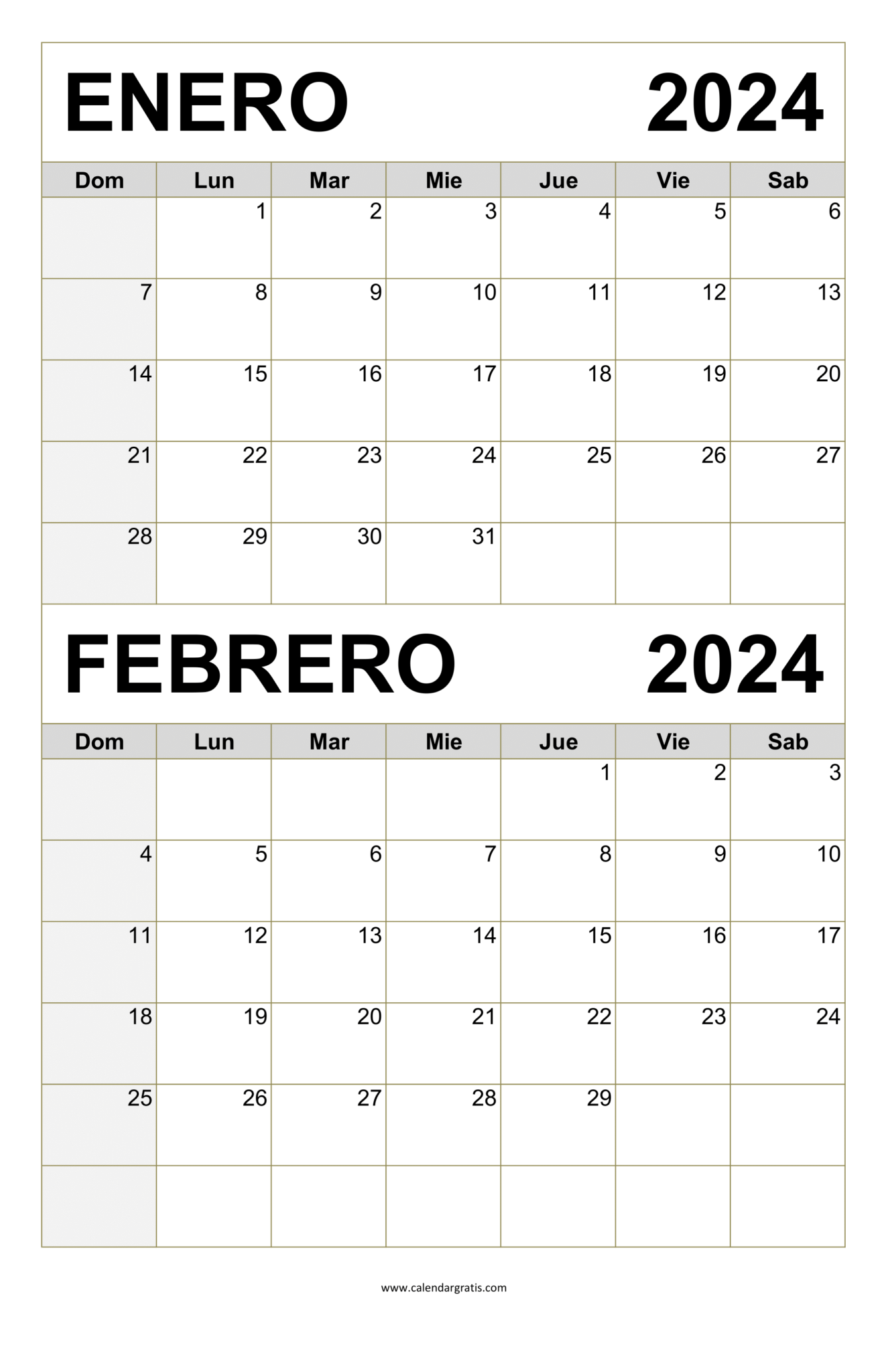 Calendario Enero y Febrero 2024