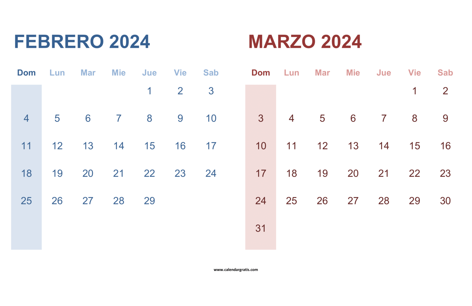 Calendario Febrero Marzo 2024