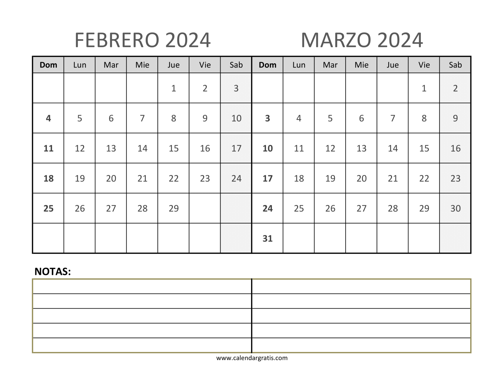 Calendario Febrero Marzo 2024