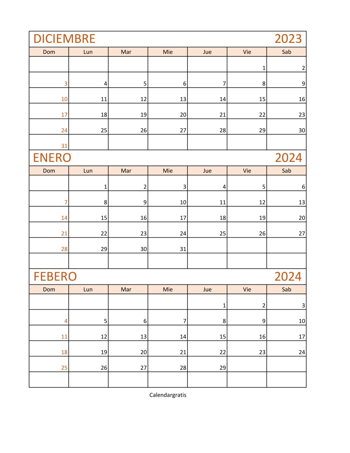 Calendario Diciembre 2023 Enero y Febrero 2024 para imprimir