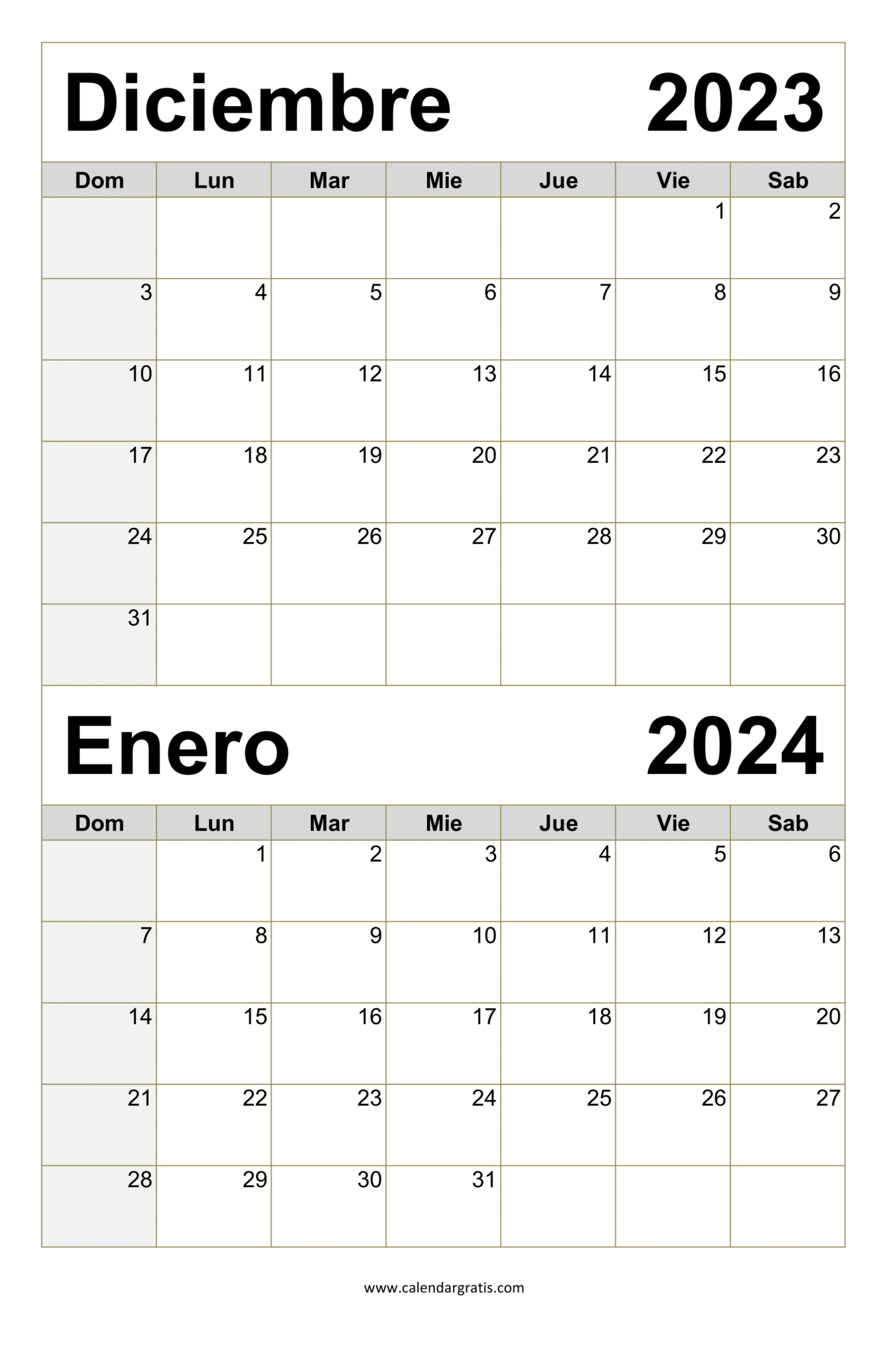 Calendario diciembre 2023 y enero 2024 para imprimir