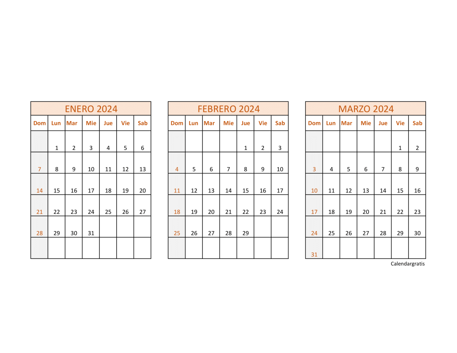 Calendario Enero Febrero y Marzo 2024