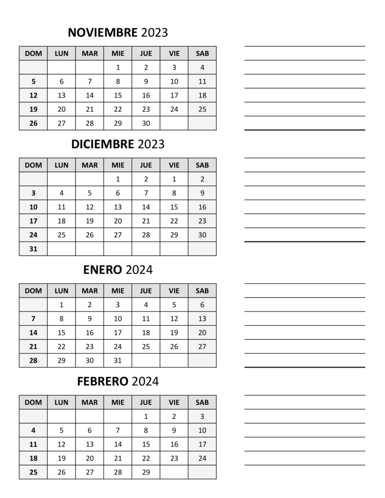 Calendario noviembre diciembre 2023 enero feberero 2024 Descarga