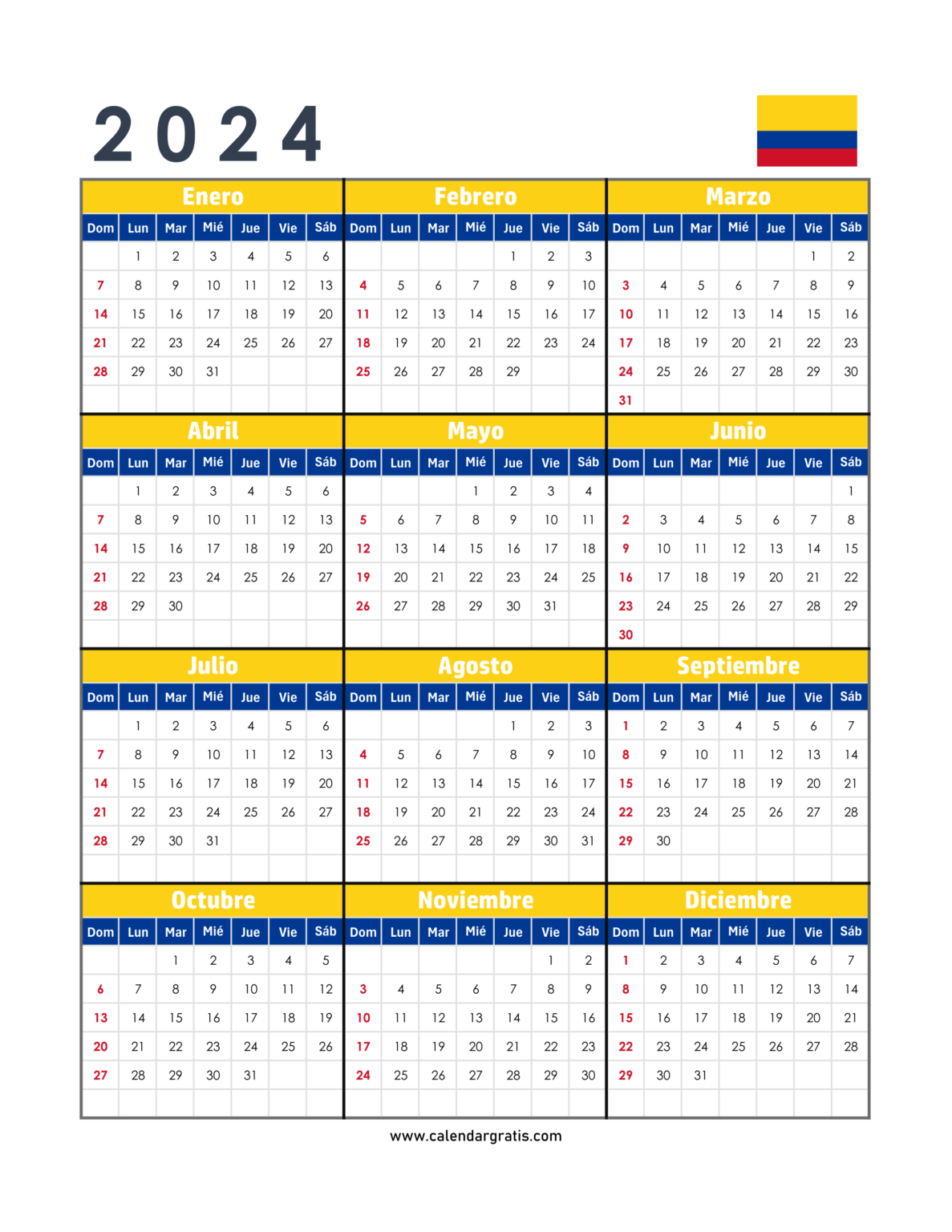 Calendario Anual 2024 Para Imprimir