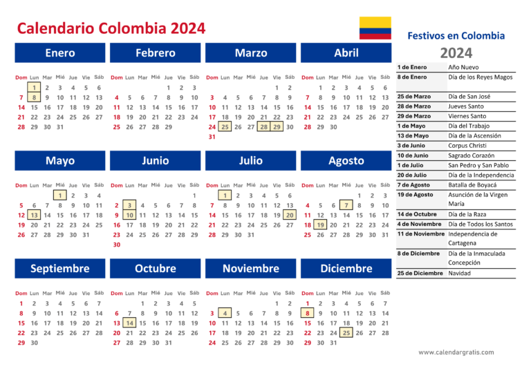 Calendario 2024 Colombia con Festivos para Imprimir
