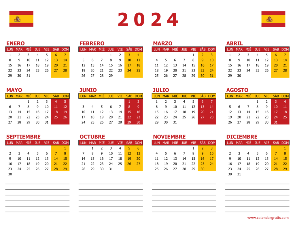 Calendario 2024 España para Imprimir Descarga Gratis