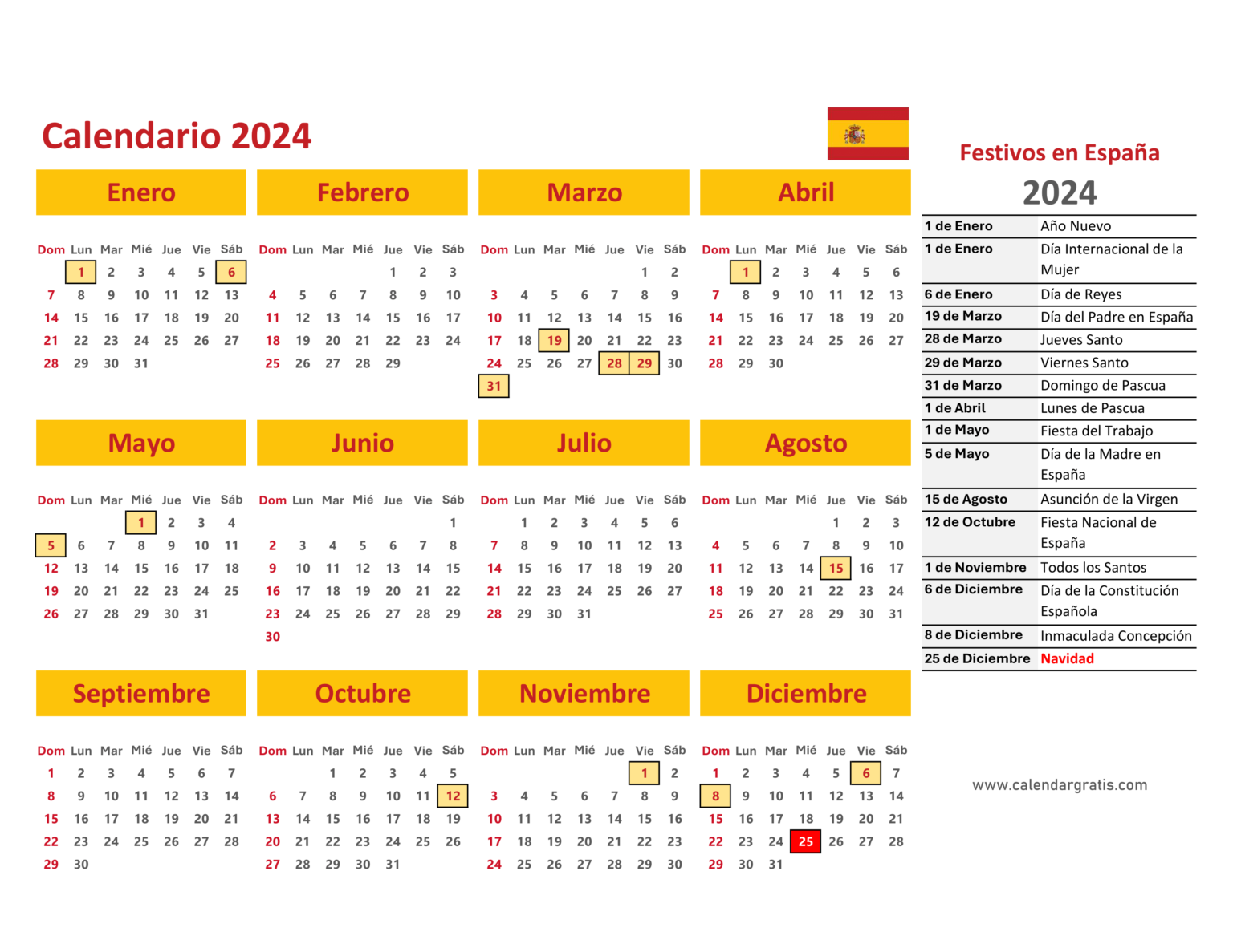 Calendario 2024 con Festivos España Para Imprimir Gratis