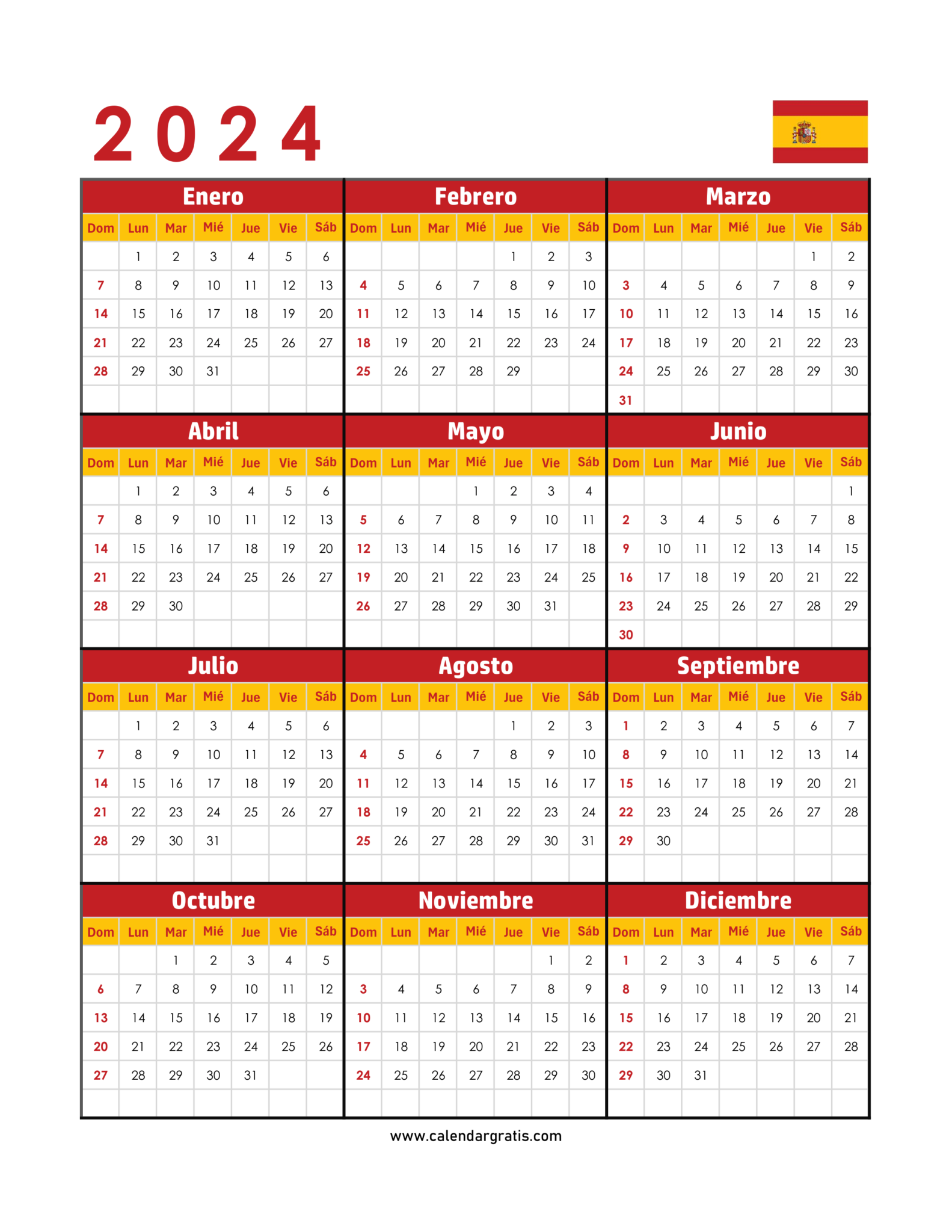 Calendario 2024 España para Imprimir Descarga Gratis