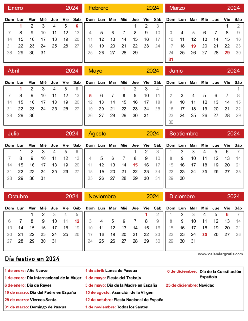 Calendario 2024 con Festivos España Para Imprimir Gratis