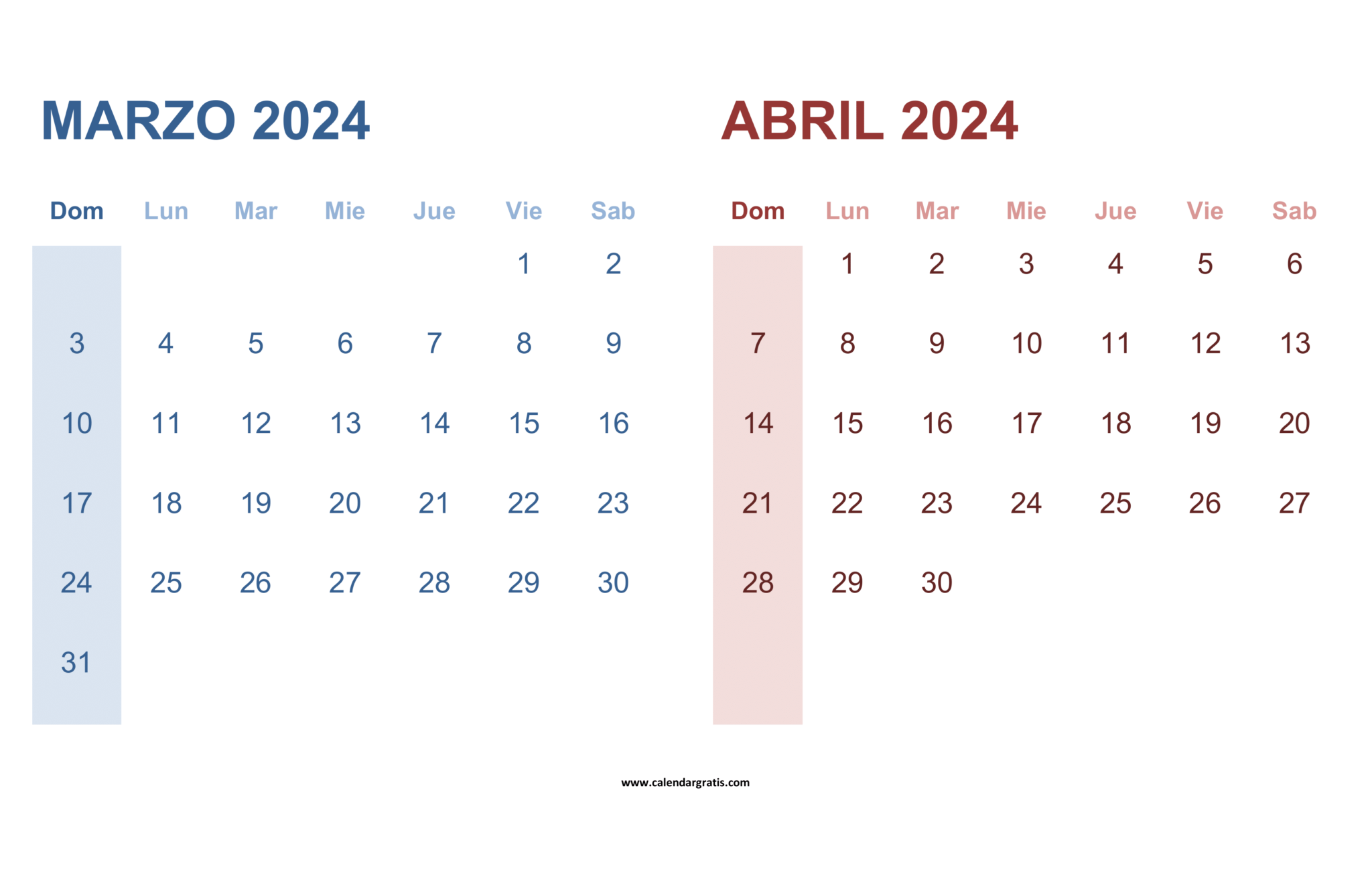 Calendario Marzo y Abril 2024