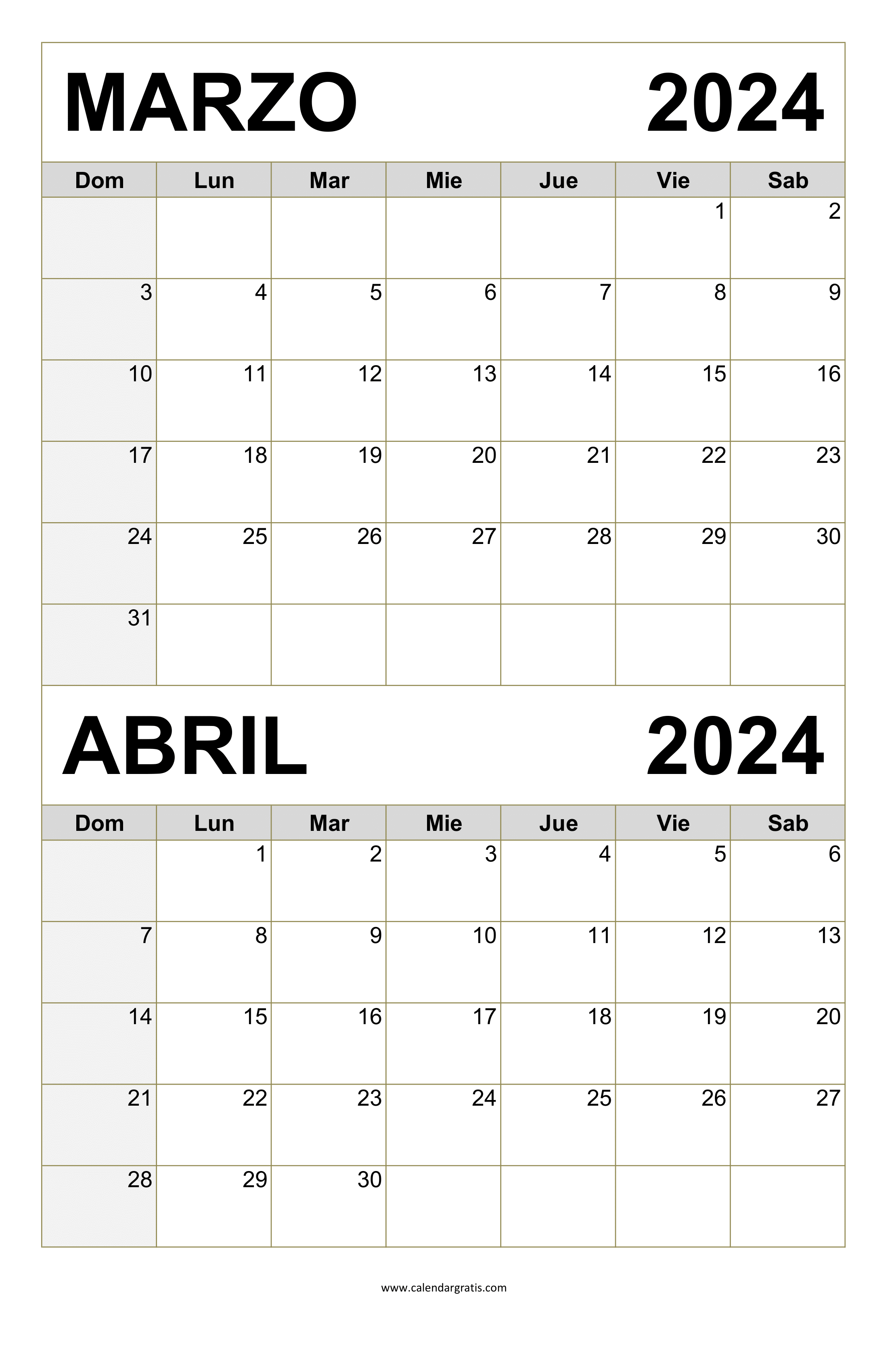 Calendario Marzo y Abril 2024