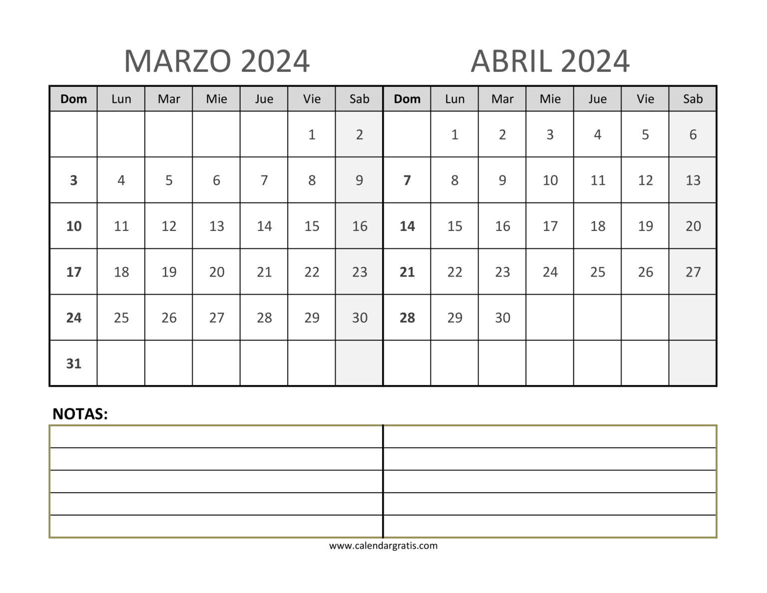 Calendario Marzo y Abril 2024