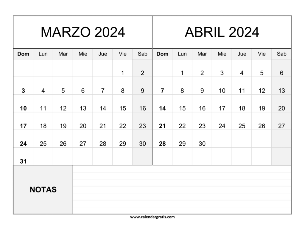 Calendario Marzo y Abril 2024