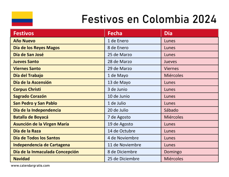 Calendario 2024 Colombia Con Festivos Para Imprimir 7588