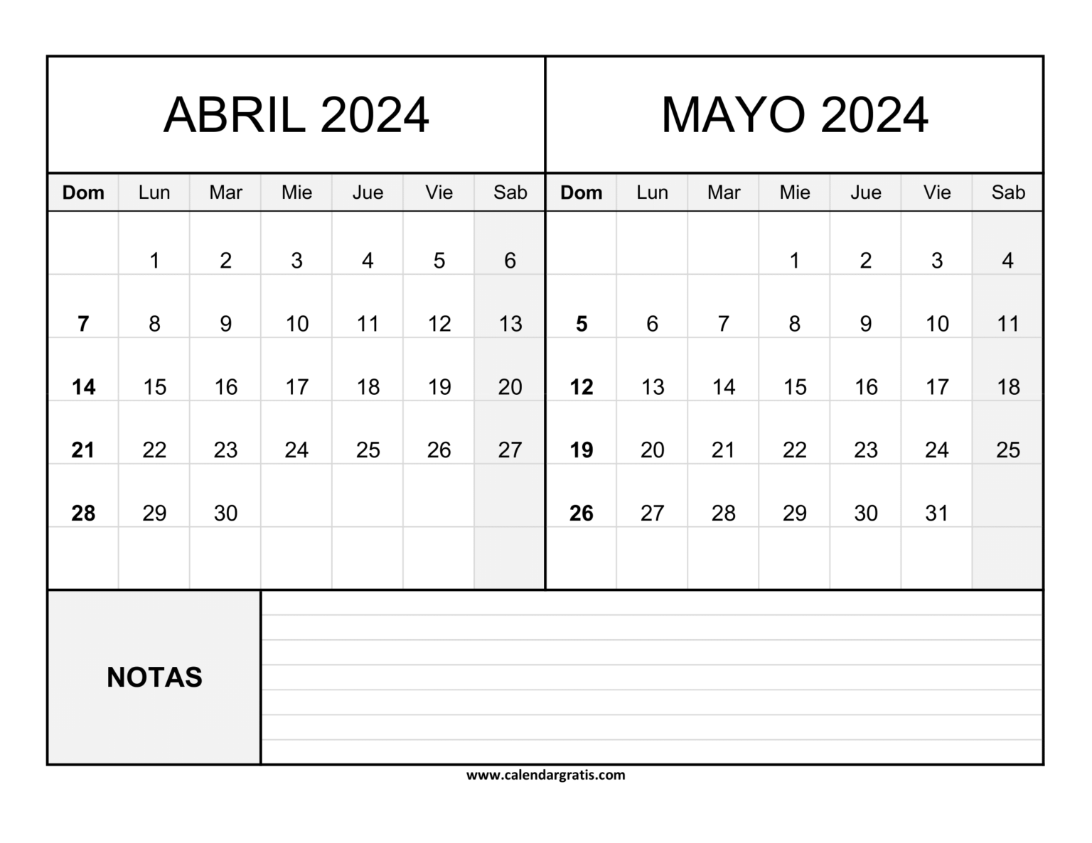 Calendario Abril y Mayo 2024