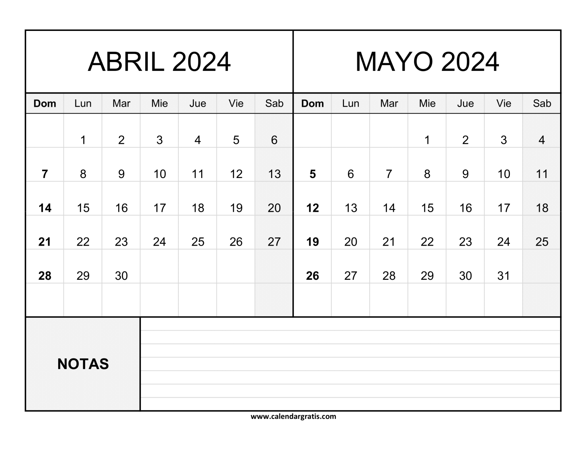 Calendario Abril y Mayo 2024