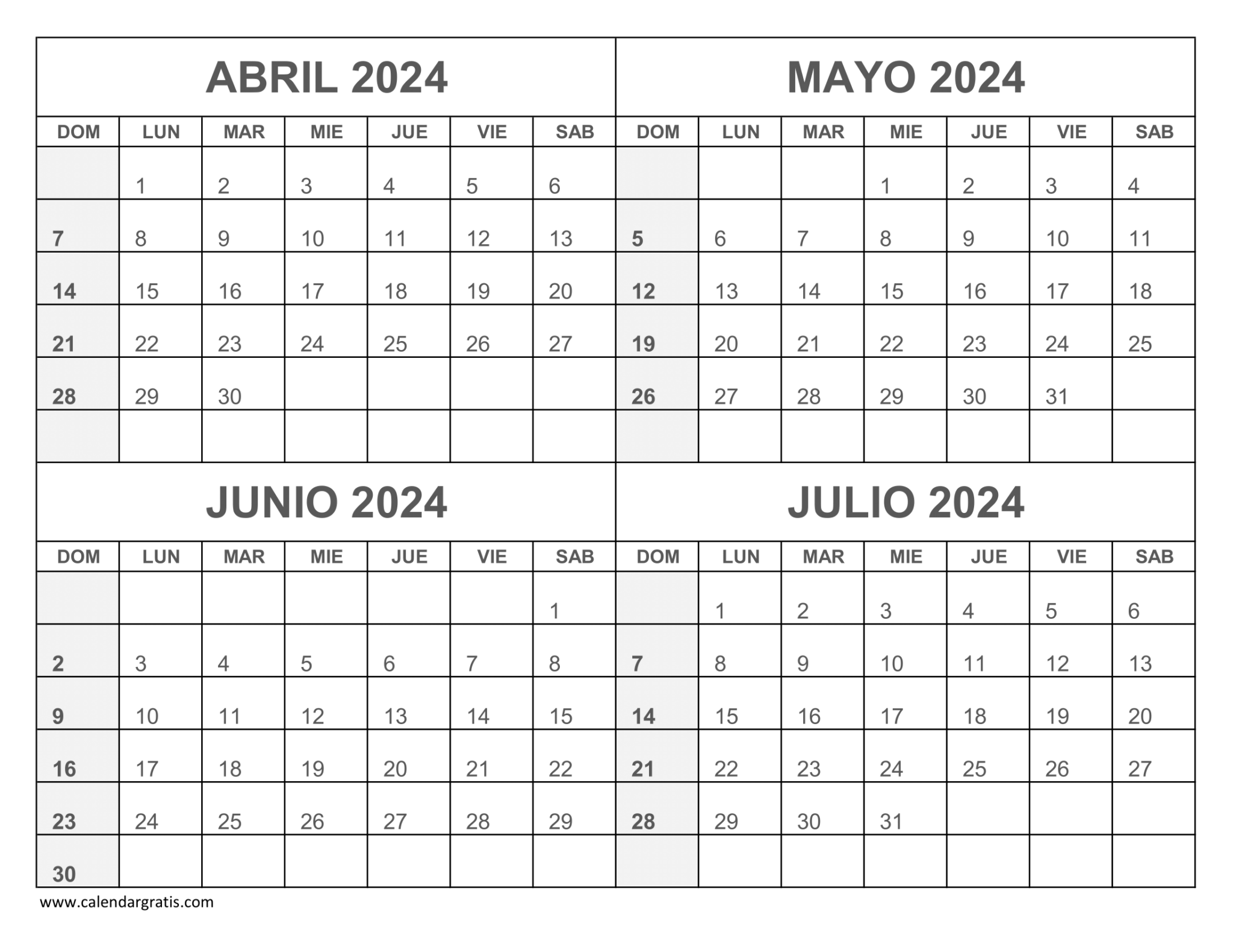 Calendario Abril Mayo Junio y Julio 2024