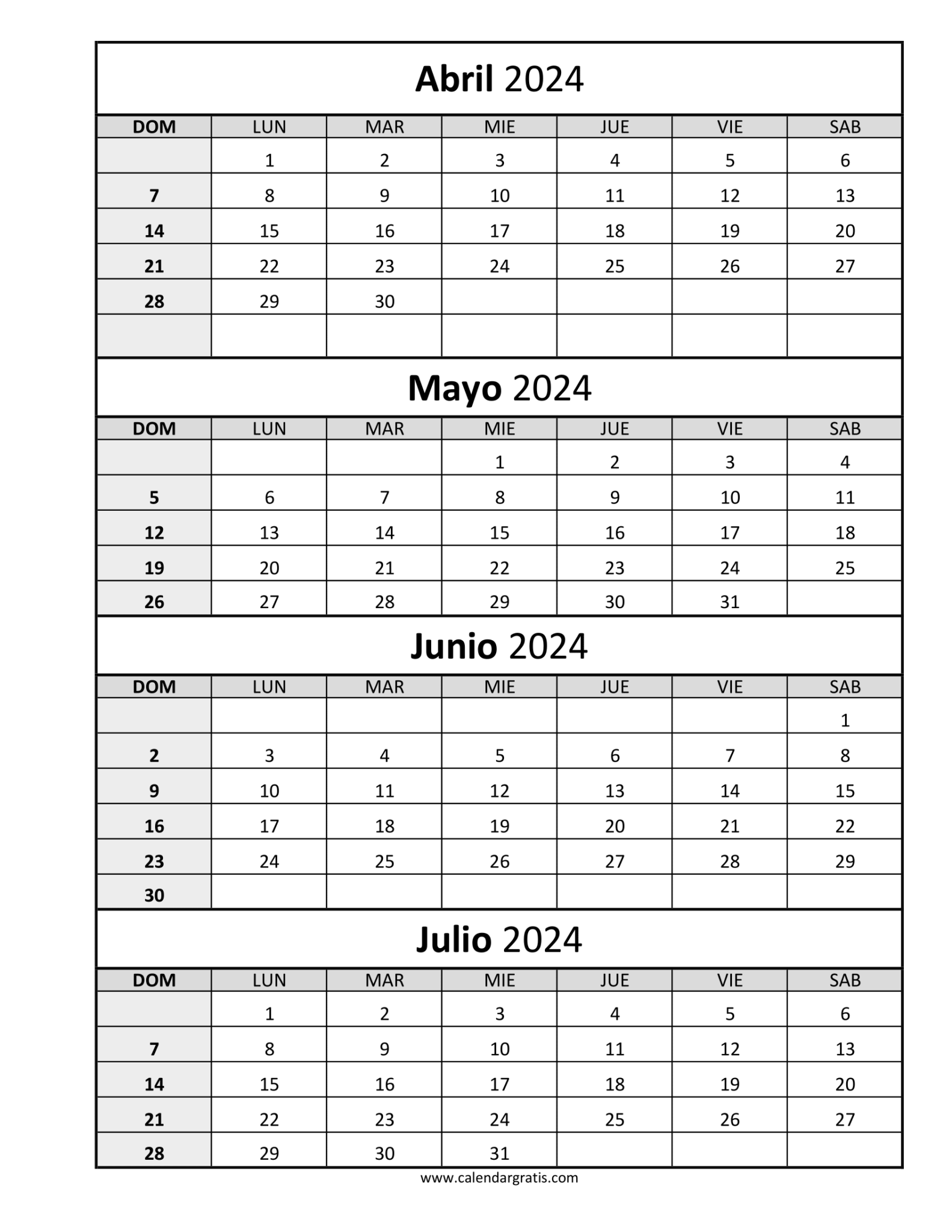 Calendario Abril Mayo Junio y Julio 2024