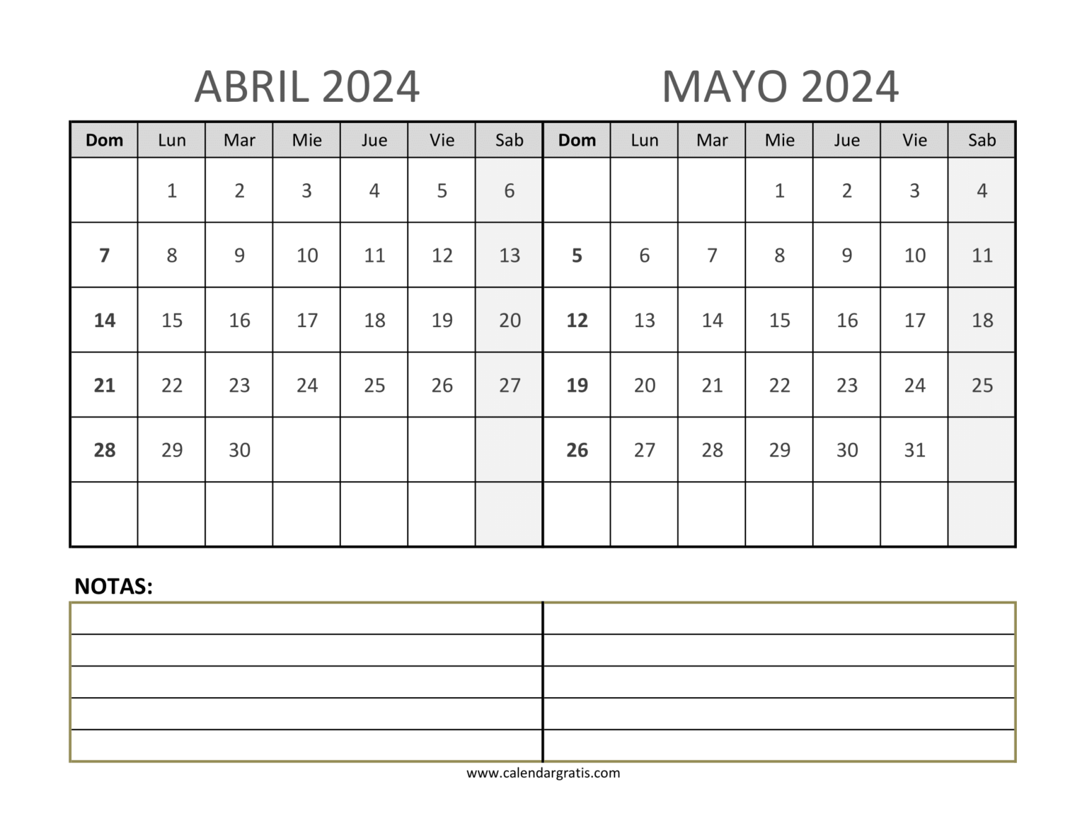 Calendario Abril y Mayo 2024