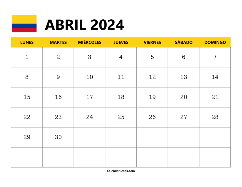 Calendario Abril 2024 Colombia con Festivos para Imprimir