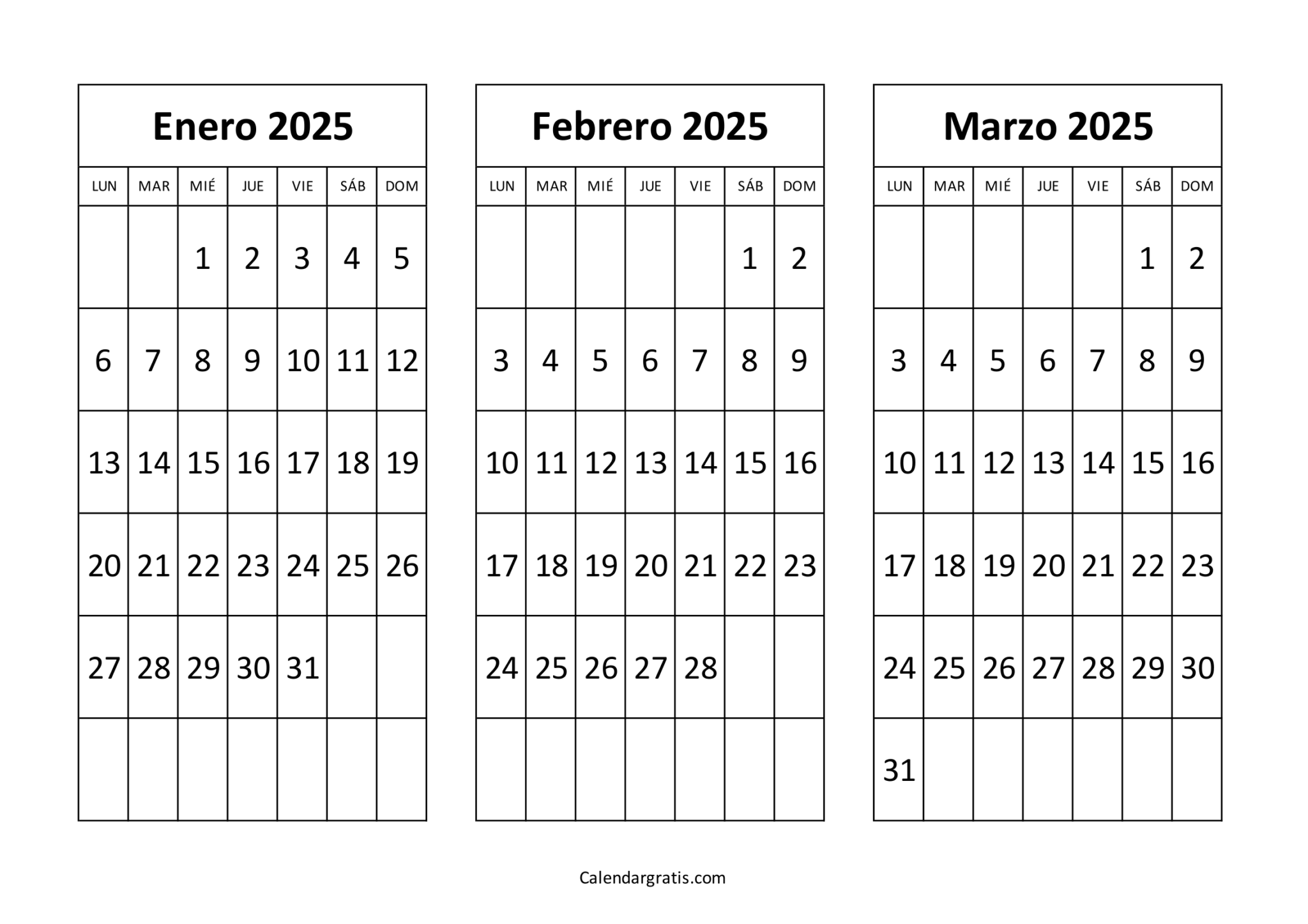 Calendario de enero febrero marzo 2025 para imprimir gratis