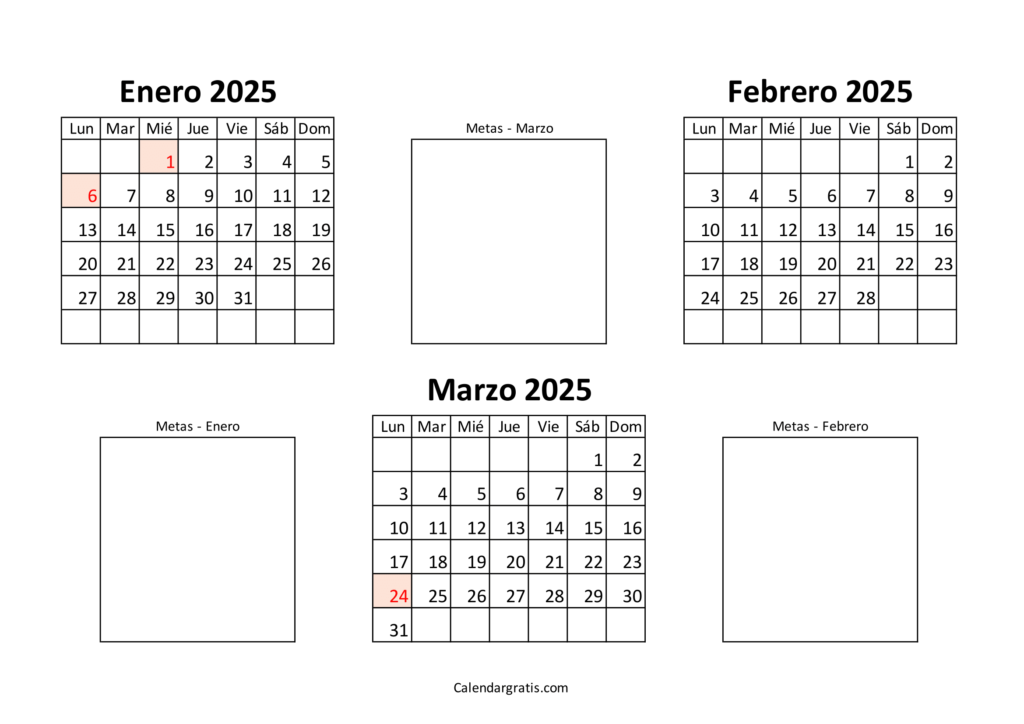 Calendario de enero febrero marzo 2025 para imprimir gratis