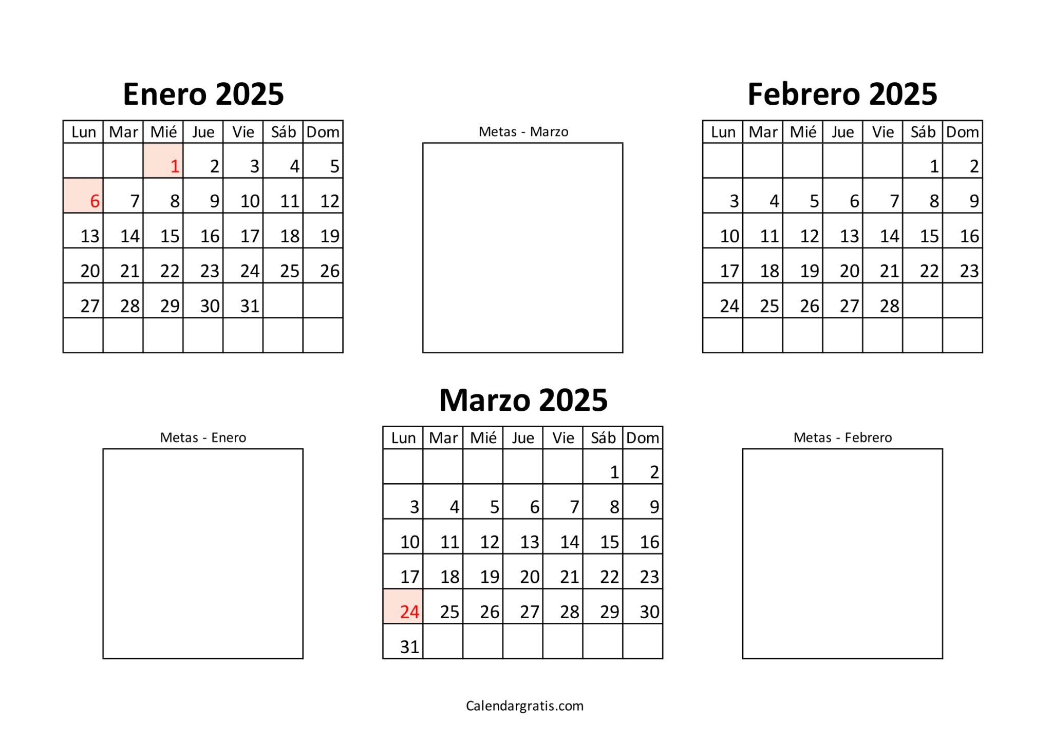 Calendario de enero febrero marzo 2025 para imprimir gratis