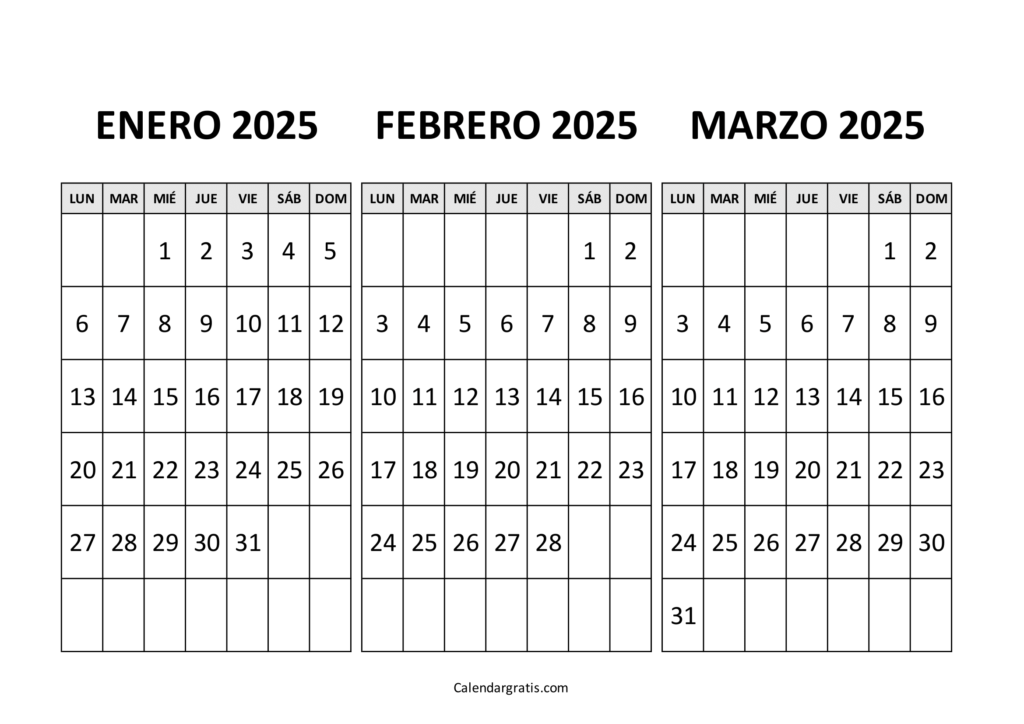 Calendario de enero febrero marzo 2025 para imprimir gratis