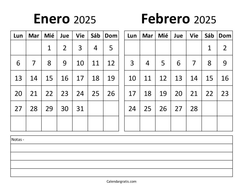 Calendario enero y febrero 2025 para imprimir gratis