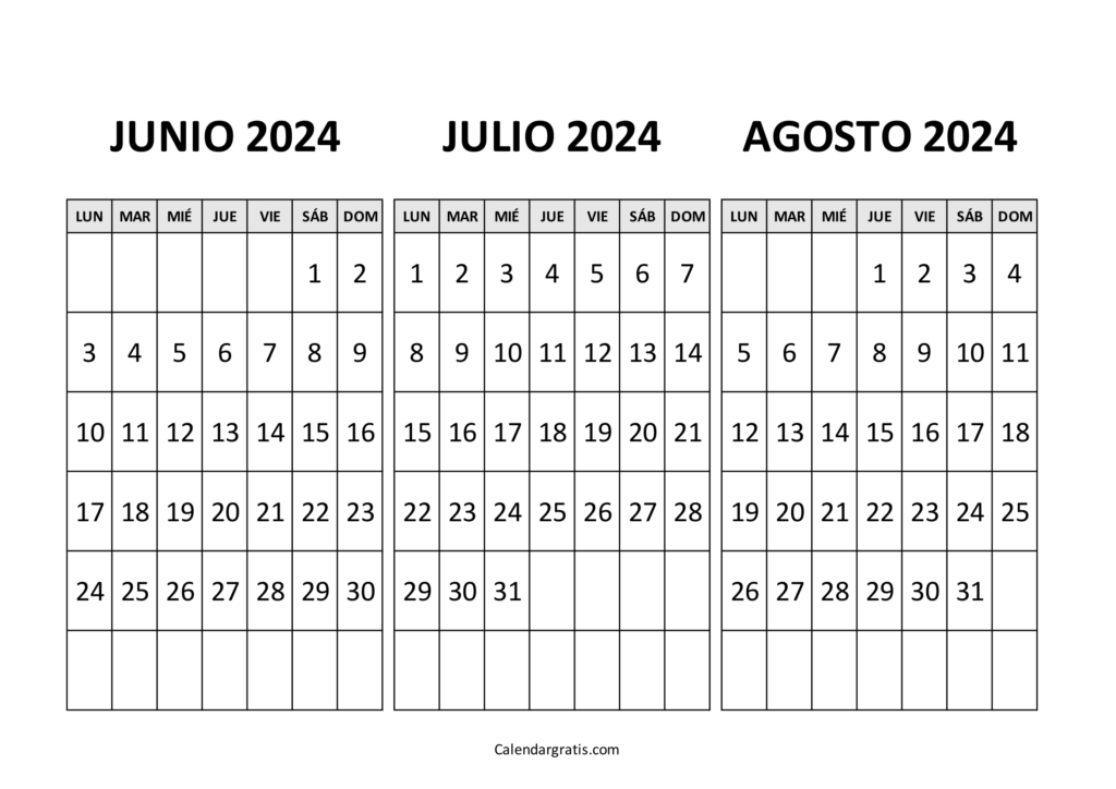 Calendario de junio julio y agosto 2024