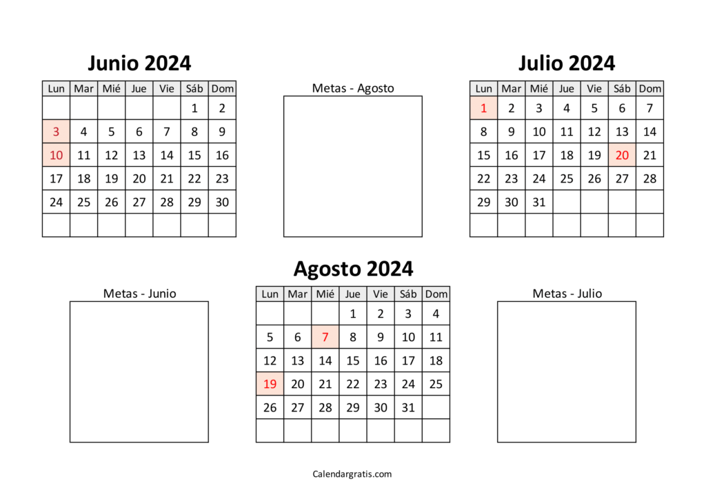 Calendario de junio julio y agosto 2024 Colombia