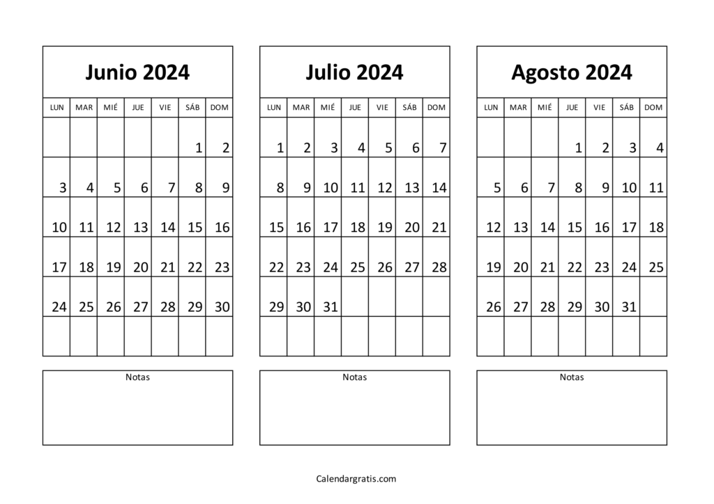 Calendario de junio julio y agosto 2024 España
